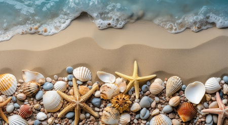 Beautiful sand beach background with seashells on the seashore with copy spaceの素材