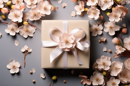 Gift box with a bow on a pink background and delicate apple blossoms. Festive birthday card or spring come, weddingの素材