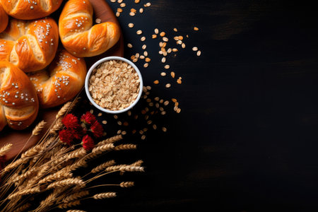 Freshly baked buns on a black background with scattered grains of wheat with copy spaceの素材