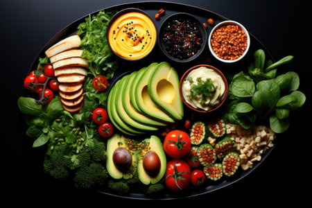 Top view of a dish of different types of vegan foodの素材