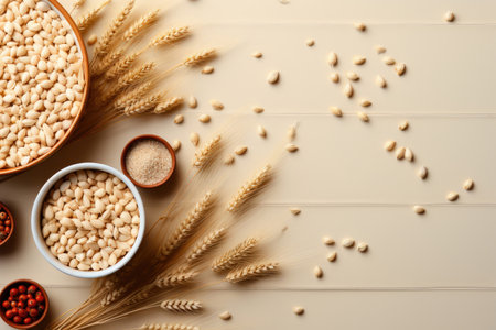 Cereals concept. Oatmeal in bowl near sprigs of wheat on light background top view copy spaceの素材