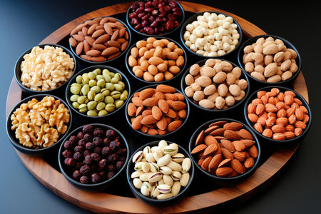 Assorted nuts in bowls. Raw products: pecans, hazelnuts, walnuts, pistachios, almonds, macadamia, cashews, peanuts and othersの素材