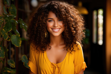 Young happy Afro-American woman with curls in a yellow blouse at homeの素材
