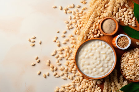 Cereals concept. Oatmeal in bowl near sprigs of wheat on light background top view copy spaceの素材