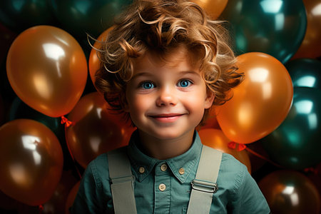 Beautiful child of two years old against a background of birthday balloons for a birthday partyの素材