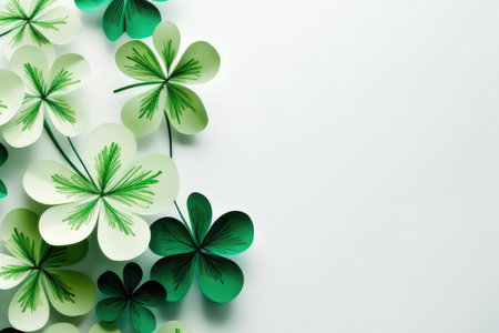 St. Patrick's Day abstract green background decorated with shamrock leaves with copy spaceの素材