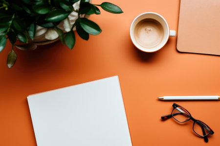 Office flat lay and top view. Black rimmed glasses, notepad pen, coffee cup, blank white sheet for copying space, green plant on orange backgroundの素材