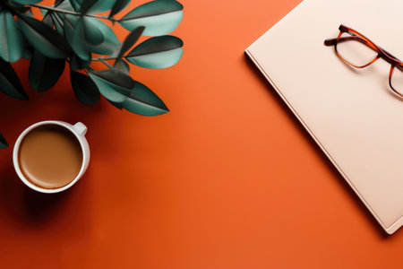 Office flat lay and top view. Black rimmed glasses, pen, coffee cup, blank sheet, green plant on orange background with copy spaceの素材