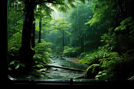 View from the train window on a rainy landscape. Concept travelの素材