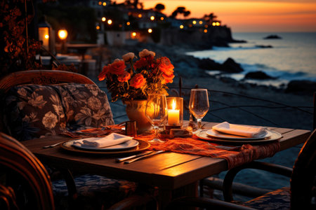 Decor romantic candlelit dinner by the sea at sunset. Valentine's dayの素材
