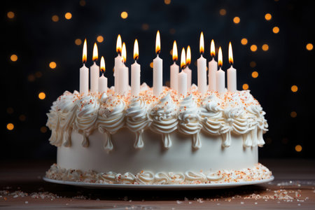 Birthday white cake with candles on a background of lightsの素材