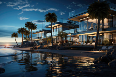 Luxury modern hotel by the sea with palm trees at sunsetの素材