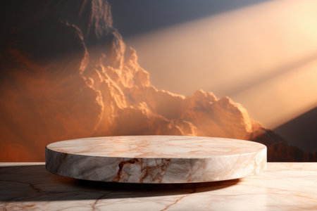 Marble cylindrical podium with shadows for the demonstration and display of goods or cosmetics against the backdrop of a mountain sunset landscapeの素材
