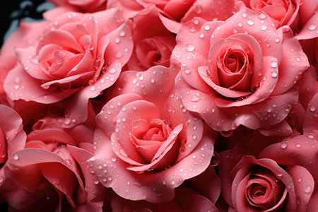 Close-up of delicate pink roses with dew drops, backgroundの素材