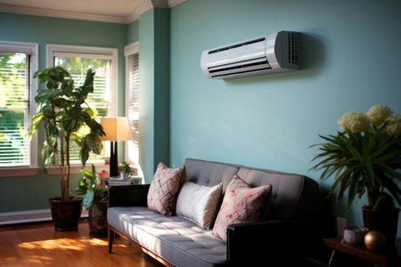 Modern air conditioning on the wall in the room with a gray sofa in the living roomの素材