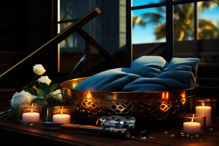 SPA accessories on the dressing table with burning candlesの素材