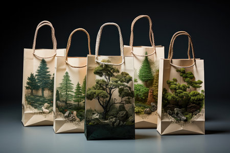 Paper bags for packaging with a painted landscape on a gray background in the studioの素材