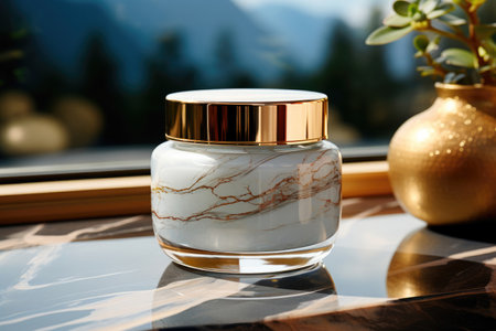 Skin care products face cream on a marble surface against the background of mountainsの素材