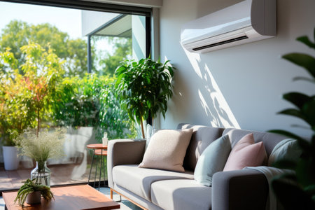 Modern air conditioner on white wall in room with stylish gray sofa and panoramic window on the gardenの素材