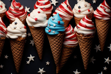 Concept of celebrating America's Independence Day on July 4th. Top view flat image of a pattern of ice cream in a waffle cone in the colors of the national flag of blue, red, white balls with stars on a blue backgroundの素材