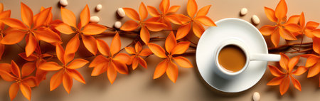 Branches with orange leaves on a blue background, a cup of coffee. Autumn banner conceptの素材