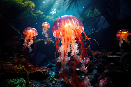 Colorful jellyfish by water. Underwater diverse worldの素材