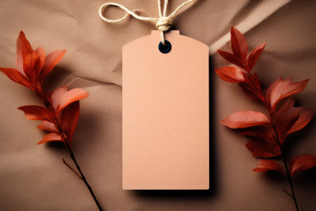 Craft label or tag with twine on a background with autumn leavesの素材