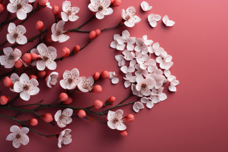 Delicate flowers are visible on a red rose background. The concept of the arrival of springの素材