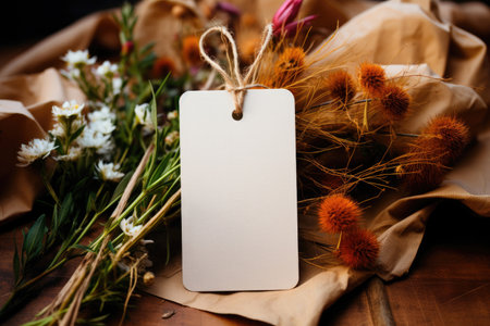Blank craft paper mock up price tag and dried flowers on a wooden backgroundの素材