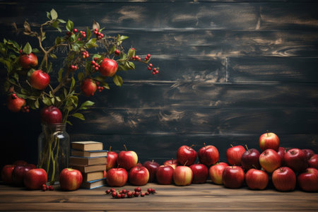 Red apples and textbooks on a wooden table. Teacher's Day cardの素材