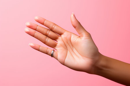 Visible lines on the palms, fingers and hands which are part of the body on a pink backgroundの素材
