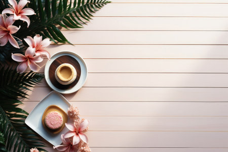 Summer flat lay tropical flowers, cup of coffee with leaves on wooden backgroundの素材