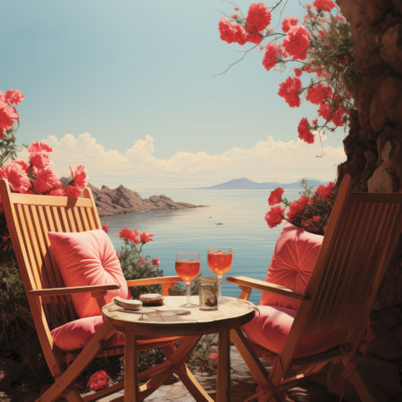 Romantic dinner at a table with wooden armchairs on the seasideの素材