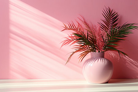 Palm palm plant in white pot on pink wall with sun shadowsの素材