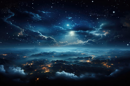 Panoramic night mountain landscape from aboveの素材