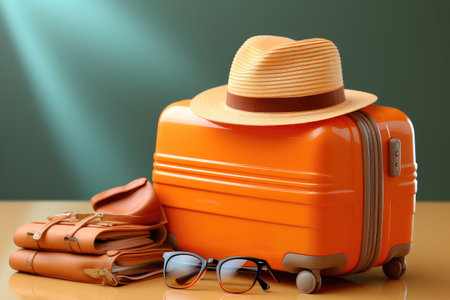 Straw hat rests on the suitcase and sunglasses on the table. Travel and holiday conceptの素材