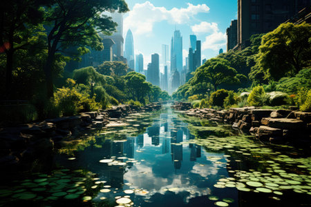 City park with a river against a backdrop of skyscrapers in the distanceの素材