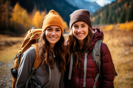Young girl friends take a hike in the mountainsの素材