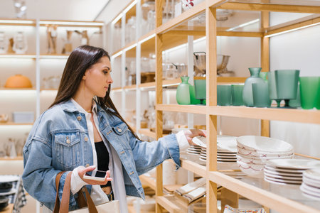 Young woman chooses crockery in a home improvement shopの写真素材