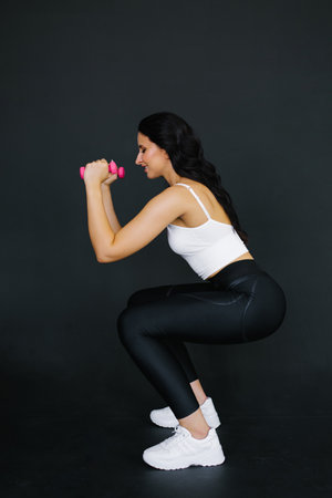 Athletic young woman squatting with dumbbells on black background