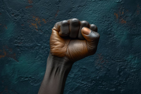 Raised fist of an African American black man in the background. Unity, solidarity, protest. Concept of black history monthの素材