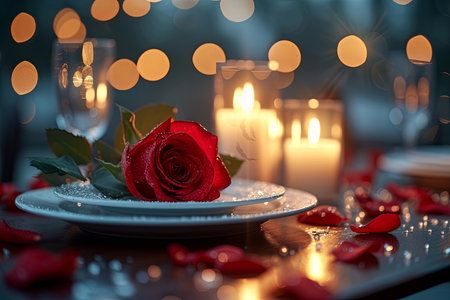 Serving and decorating a romantic candlelit dinner with a glass of wine on a Valentines Day table with red roseの素材