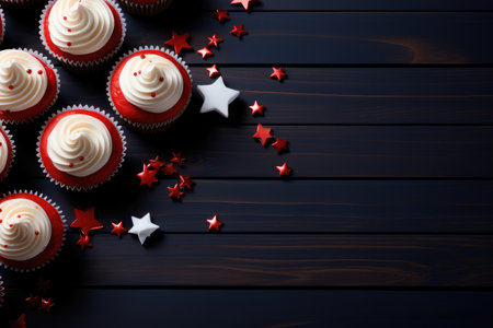Concept of celebrating America's Independence Day on July 4th. Top view flat image of a pattern of cupcakes in the colors of the national flag of blue, red, white balls with starsの素材