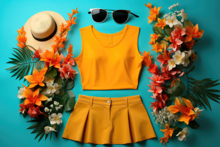 Top view summer composition of a bathing suit, straw hat, sunglasses and tropical flowers on a turquoise background. The concept of travel and vacationsの素材