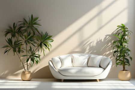 Large potted indoor plants at home in the living room with a sofa on a light beige wallの素材
