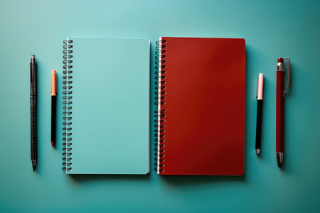 Notebooks and pens on a blue background. Business or educational concept of flat layの素材