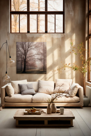 Modern minimalist home interior design living room. Daytime background, beige and white sofa couch, daylight from the windowの素材