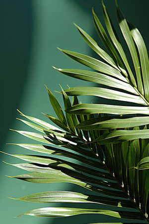 Tropical palm tree in sunlight with leaf shadow on green wallの素材
