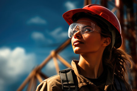 Portrait of a professional woman industry engineer or worker wearing a safety uniform and a hard hatの素材