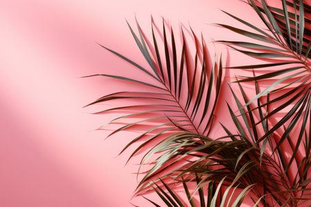 Palm branches on pink wall background with copy spaceの素材
